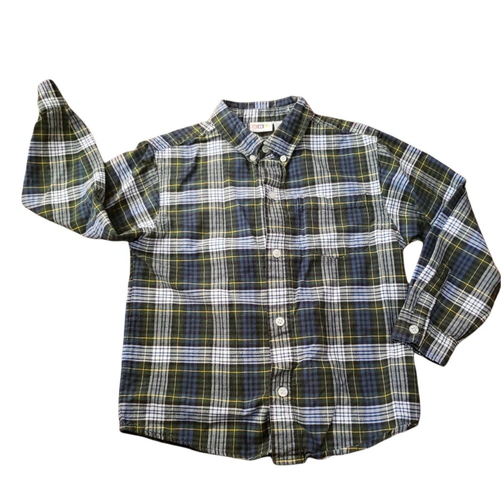 Boys KRU Plaid Button Down Shirt Size 7 Green Blue Yellow White
